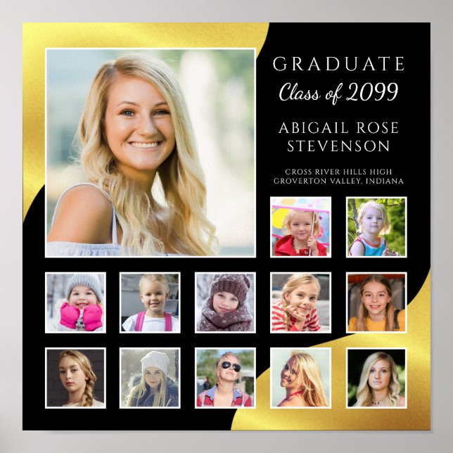 Affiche Graduation K-12 Photo Collage Black Faux Gold Foil (Devant)