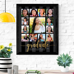 Affiche Graduation K-12 Photo Collage Gold Black Script
