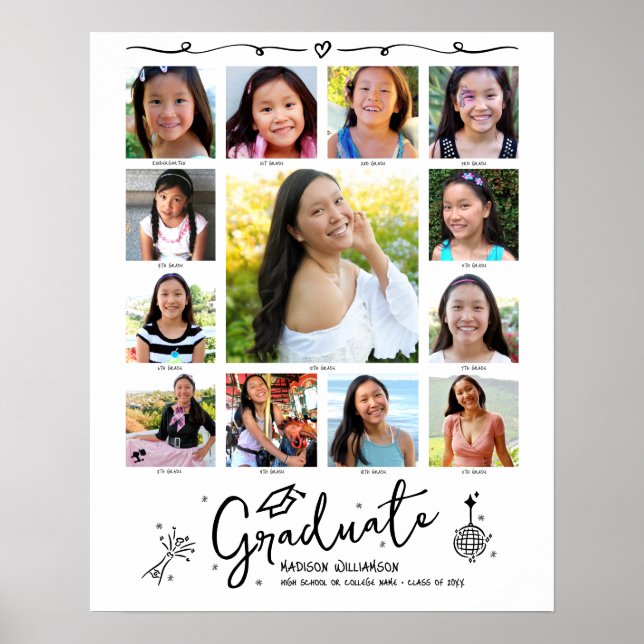 Affiche Graduation K–12 Photo Collage White Black Doodles (Devant)