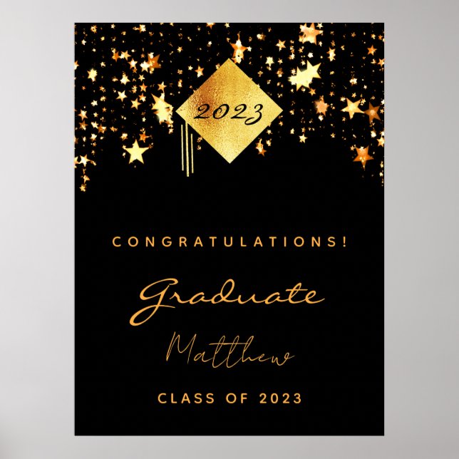 Affiche Graduation party 2023 noir étoile or diplômé (Devant)