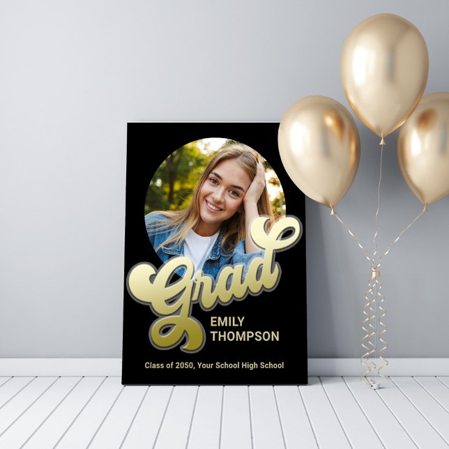 Affiche Graduation Party Retro Gold Photo personnalisée (Graduation party photo poster with gold retro style calligraphy)