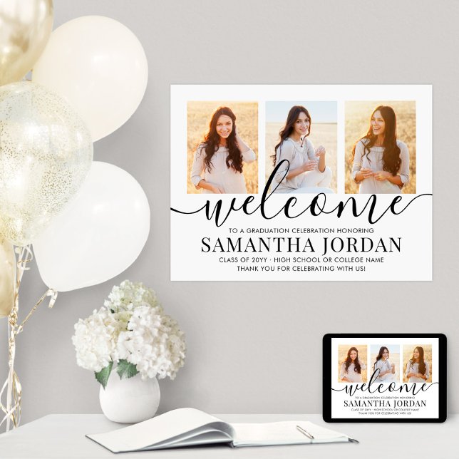 Affiche Graduation Party Welcome 3 Photo Collage Blanc (Créateur téléchargé)