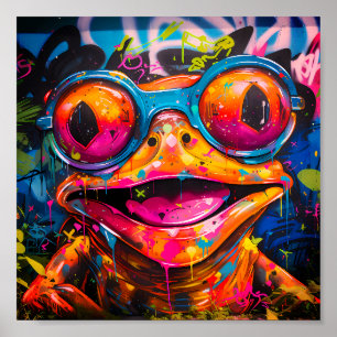 Affiche Graffiti grenouille multicolore avec lunettes