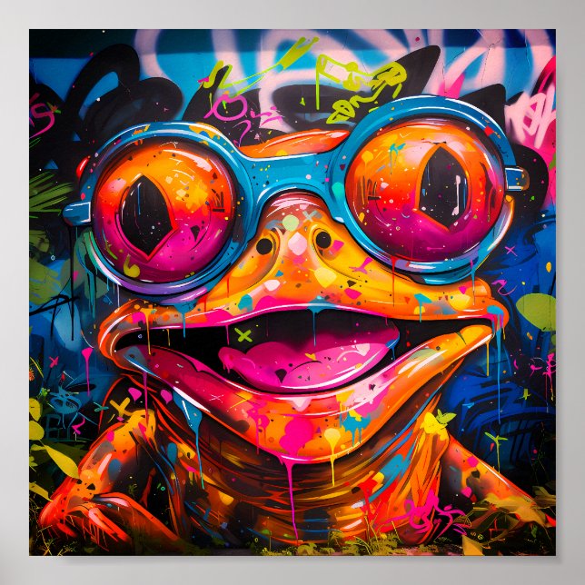 Affiche Graffiti grenouille multicolore avec lunettes (Devant)