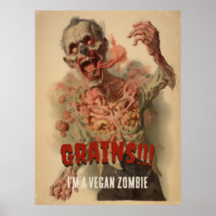 Affiche Grains Je suis un Vegan Zombie Drôle Horreur Vinta