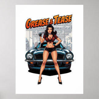 Affiche Graisse & Tease – Fille de pin-Up Hot Rod