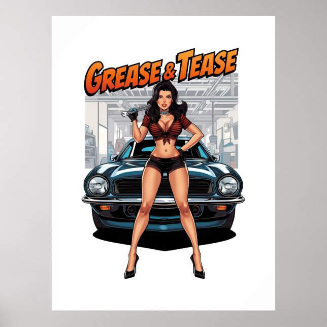 Affiche Graisse & Tease – Fille de pin-Up Hot Rod (Devant)