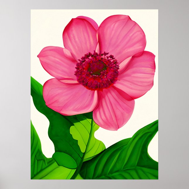 Affiche Grand anémone rose avec Feuilles vert émeraude (Devant)