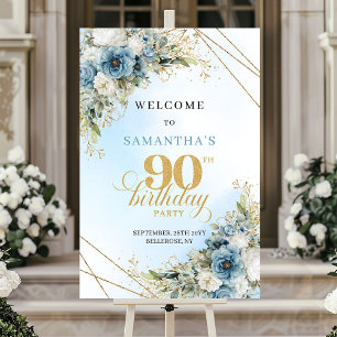Affiche Grand aquarelle bleu poussiéreux or 90e anniversai