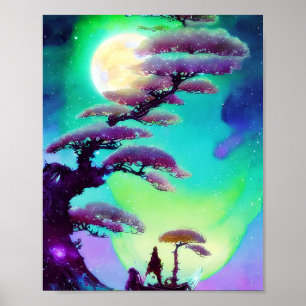 Affiche Grand bonsaï violet et lune