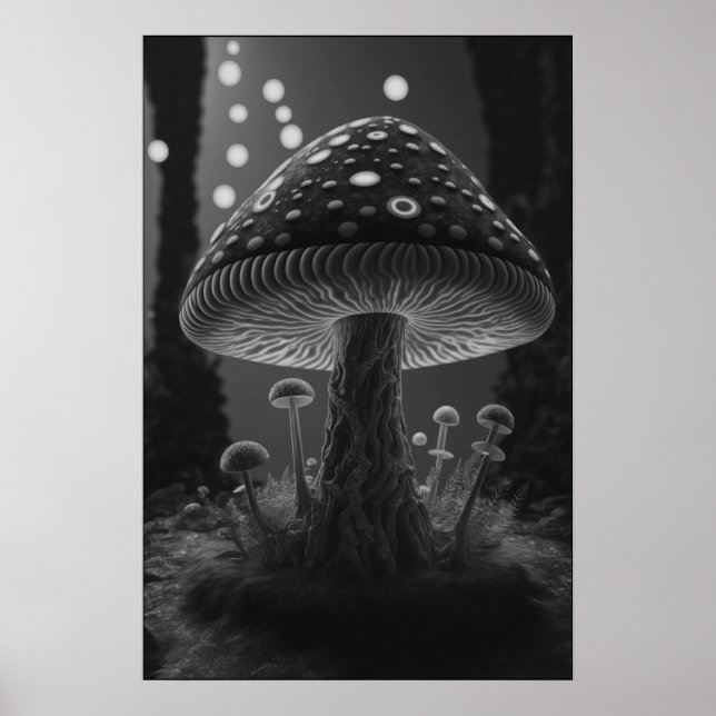 Affiche Grand Champignons Lumineux - Noir & Blanc (Devant)