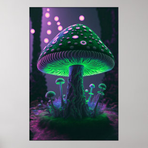 Affiche Grand Champignons Lumineux - Vert & Rose