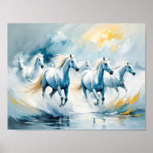 Affiche Grand groupe de chevaux blancs traversant la mer