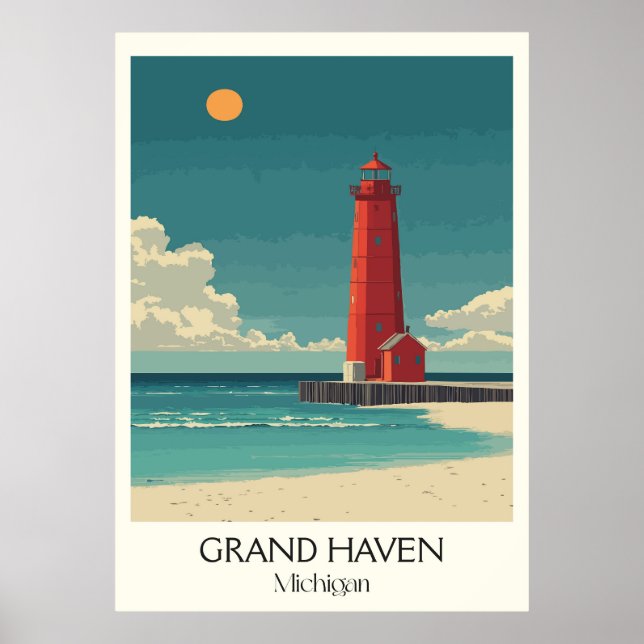 Affiche Grand Haven Michigan Vintage Lighthouse Beach Art (Devant)