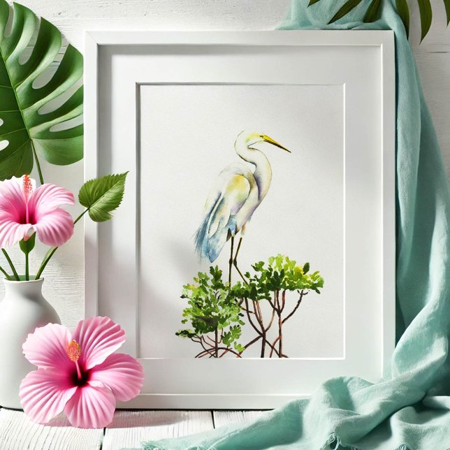 Affiche Grand Héron Blanc Tropical Beach Art (Watercolor art great white heron and mangroves by Victoria Grigaliunas. Order prints. )