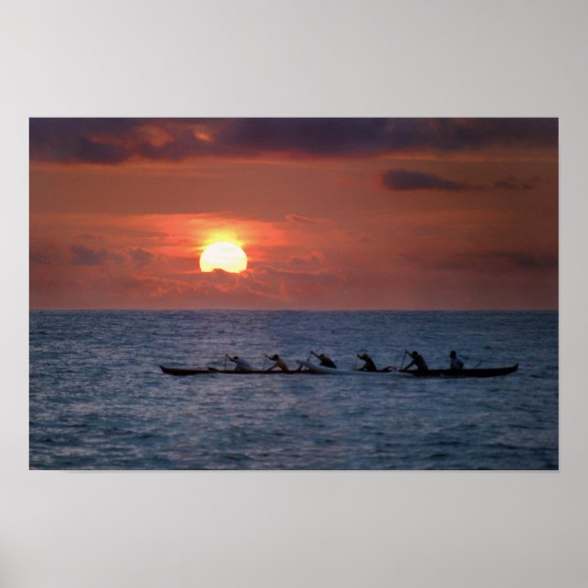 Affiche Grand Île Outrigger Canoe au coucher du soleil (Devant)