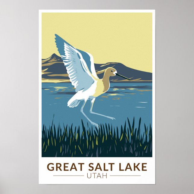 Affiche Grand lac salé Avocette d'Amérique Art de voyage V (Devant)