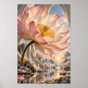 Affiche Grand Lotus Rose Géant au-dessus de la Vallée de l