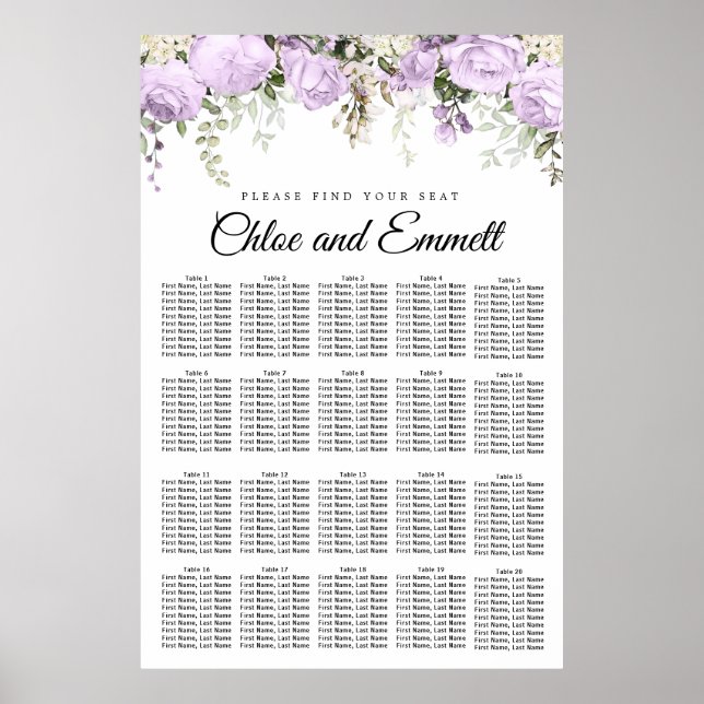 Affiche Grand Mariage Floral violet de 20 tables (Devant)