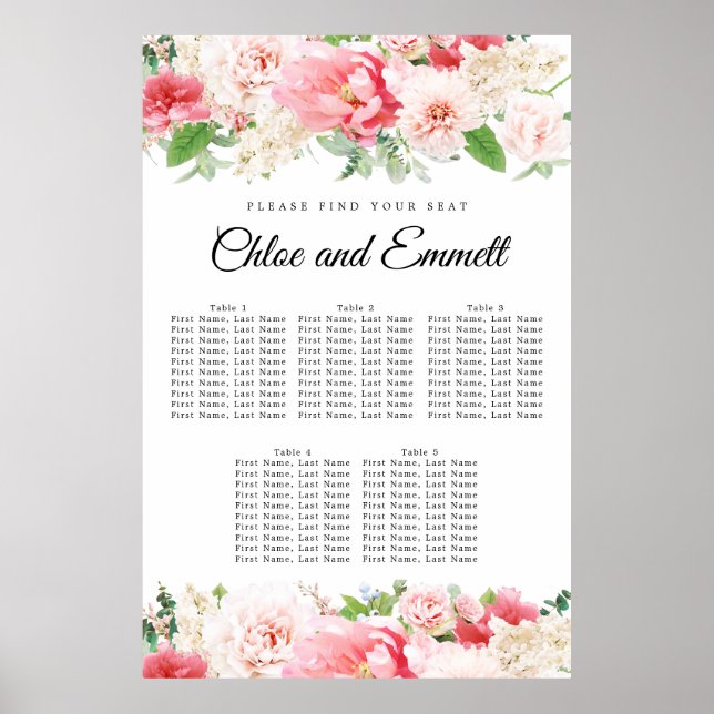 Affiche Grand Mariage rose Floral 5 tables (Devant)