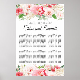 Affiche Grand Mariage rose Floral 6 tables