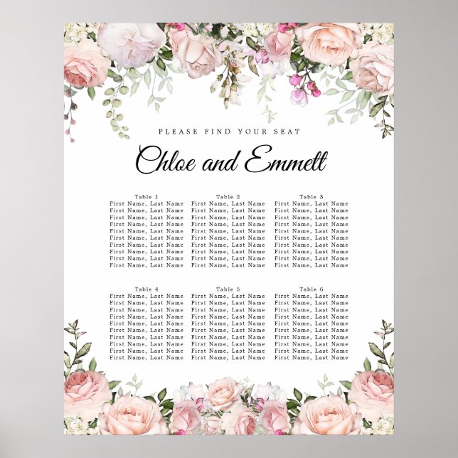 Affiche Grand Mariage rose Floral 6 tables (Devant)