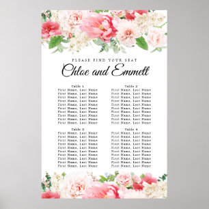 Affiche Grand Mariage rose Floral à 4 tables