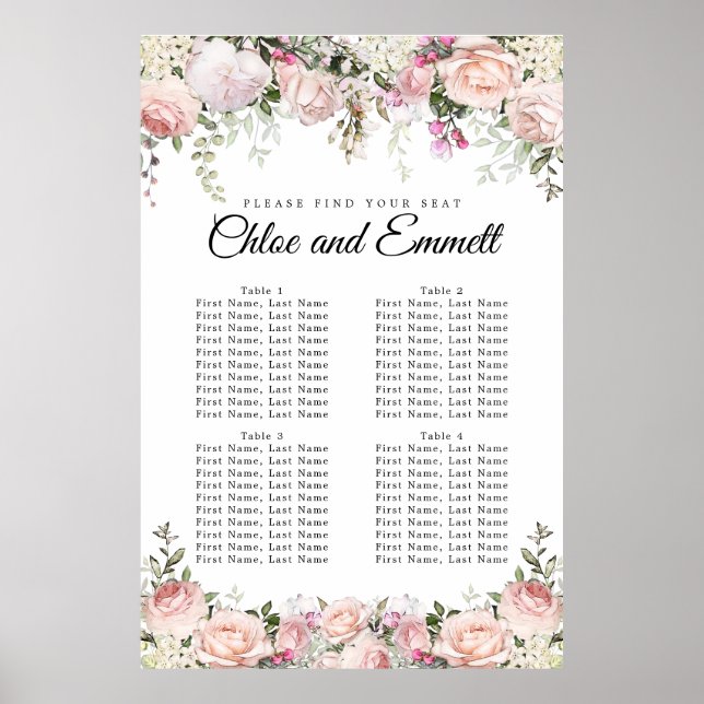 Affiche Grand Mariage rose Floral à 4 tables (Devant)