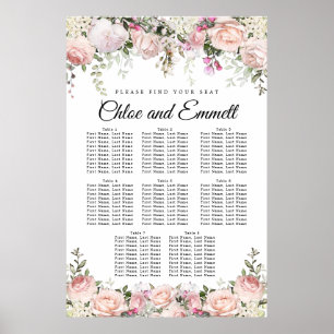 Affiche Grand Mariage rose Floral à 8 tables