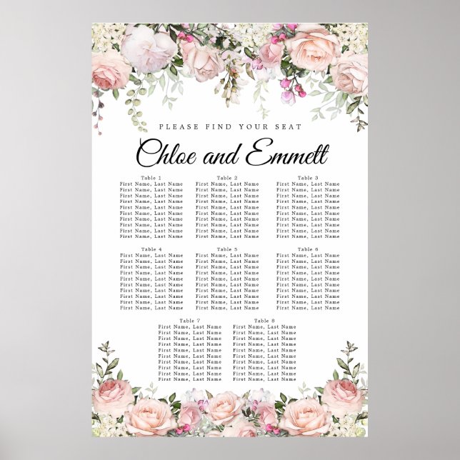 Affiche Grand Mariage rose Floral à 8 tables (Devant)