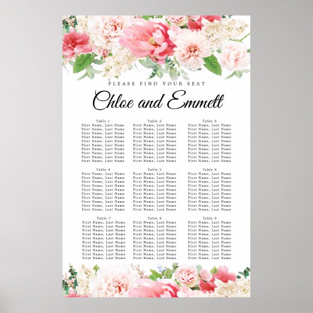 Affiche Grand Mariage rose Floral à 9 tables (Devant)