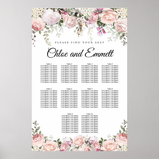 Affiche Grand Mariage rose Floral de 10 tables (Devant)