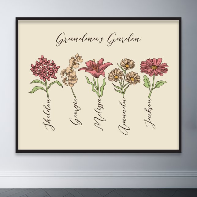Affiche Grand-mère's Flower Garden 5 petits Nom Floral (grandma flower garden grandkids name floral poster)