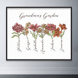 Affiche Grand-mère's Flower Garden 6 petits Nom Floral<br><div class="desc">Cette Fleur de Jardin de Grand-mère et Nom de Grand-Enfants est un mélange délicieux de charme vintage et de chaleur personnalisée. C'est l'addition parfaite au paradis de n'importe quelle grand-mère, apportant la beauté d'un jardin botanique directement dans sa maison. Doté d'une magnifique illustration de fleurs vintages qui saisit l'essence du...</div>
