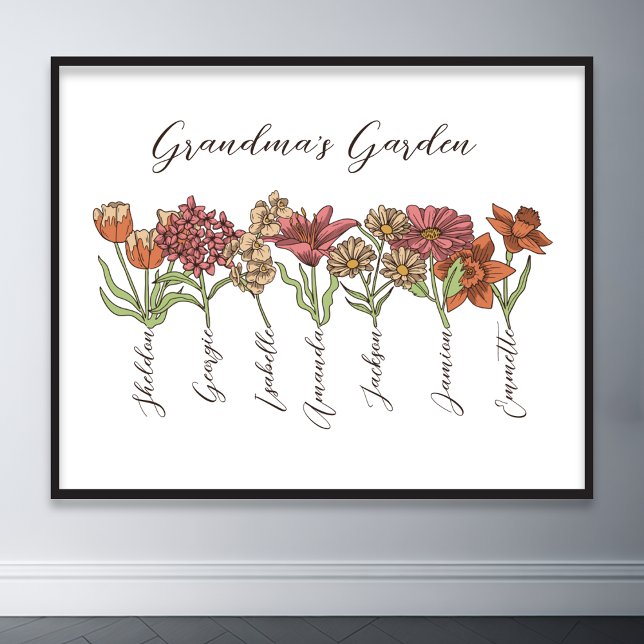 Affiche Grand-mère's Flower Garden 7 petits Nom Floral (grandma flower garden grandkids name floral poster)