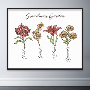 Affiche Grand-mère's Garden Flower 4 Grandkids Nom Floral