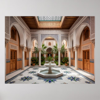 Affiche Grand Moroccan Riad Courtyard with Marble Fountain