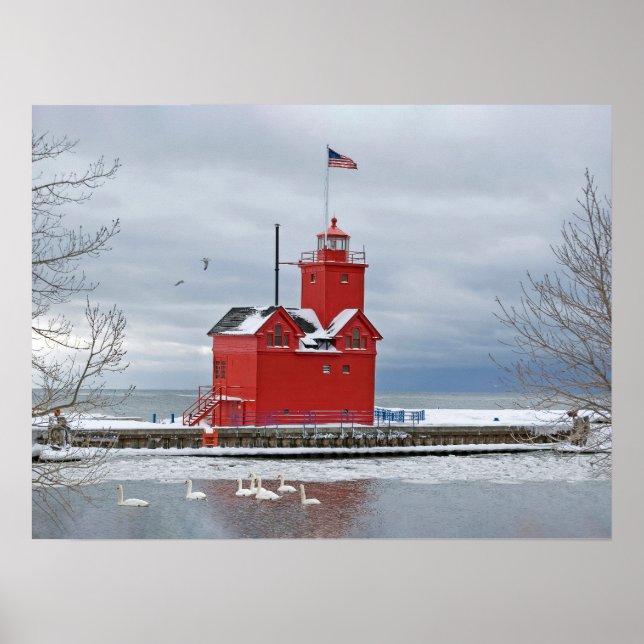 Affiche Grand phare rouge du Michigan avec des cygnes (Devant)