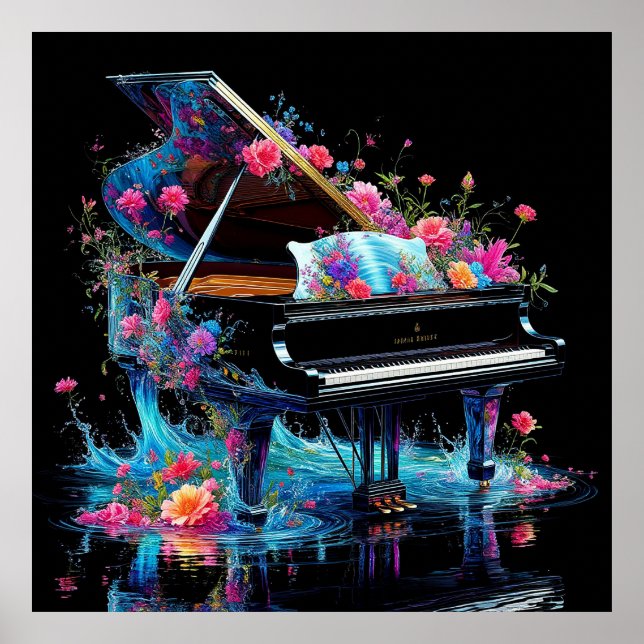 Affiche Grand Piano orné de fleurs artistiques (Devant)
