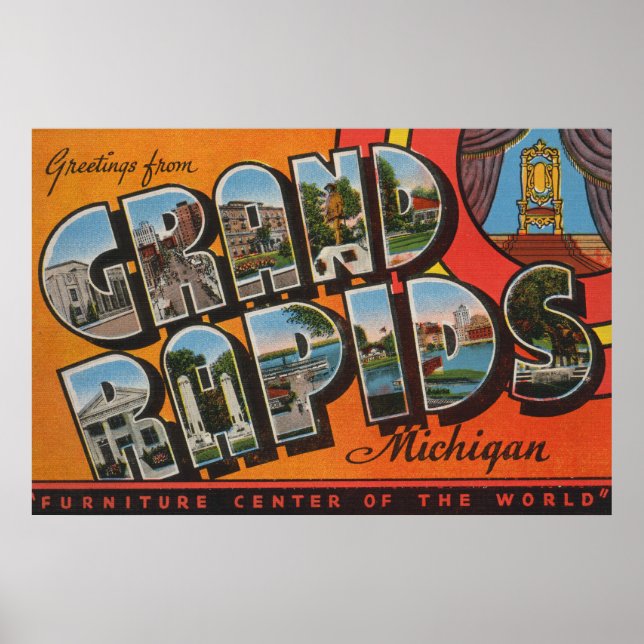 Affiche Grand Rapids, Michigan - Scènes de grandes lettres (Devant)