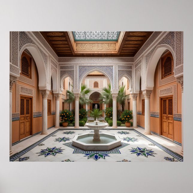 Affiche Grand Riad Marocain Cour avec Fontaine en Marbre (Devant)
