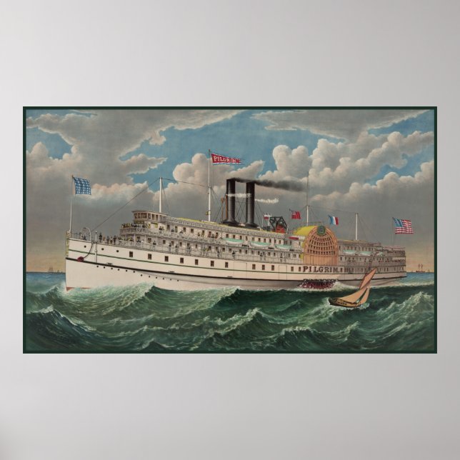 Affiche Grand Steamboat Pilgrim Mondial Plus Grand Bateau  (Devant)