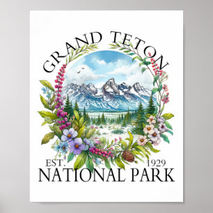 Affiche Grand Teton National Park Floral Randonnée Camping