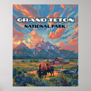 Affiche Grand Teton National Park Mountains Bison Wyoming