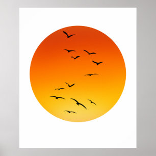 Affiche Grand troupeau d'oiseaux volant vers un soleil écl