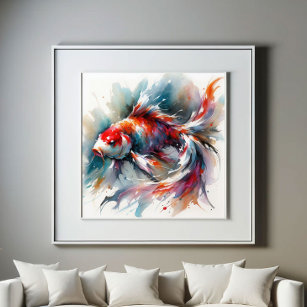 Affiche Grande aquarelle peinture colorée Koi Poisson Art