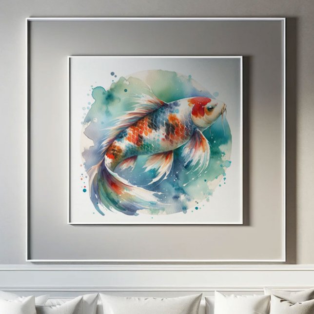 Affiche Grande aquarelle peinture Koi Fish Art (Large koi fish watercolor painting in shades of red, orange , blue and green.)
