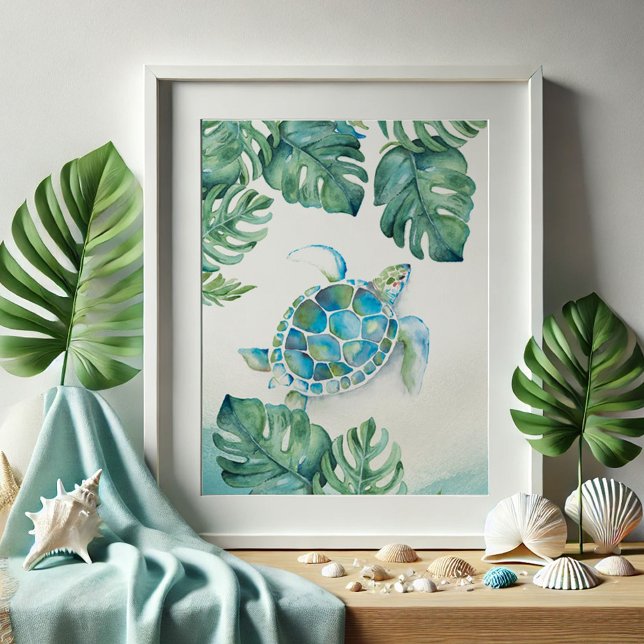 Affiche Grande aquarelle tortue de mer et Feuilles Monster (Beach pictures tropical watercolor sea turtle drawing art by Victoria Grigaliunas Do Tell A Belle)