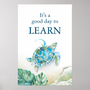 Affiche Grande aquarelle tortue de mer et Feuilles Monster