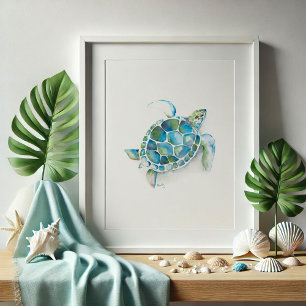 Affiche Grande aquarelle verte et bleue Art de la tortue m